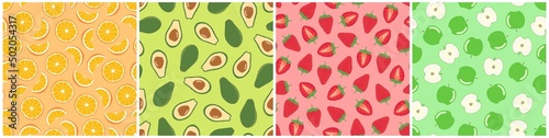 Set of bright seamless fruits patterns - hand drawn design. Repeatable summer backgrounds. Vibrant endless prints. Vector illustrations