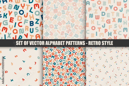Collection of vector seamless alphabet patterns - retro style. Colorful vintage backgrounds with latin letters. Trendy textile prints