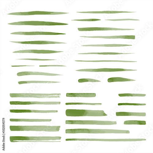 Dark green watercolor vector brush stroke shapes set. Uneven wide lines, stripes, underlines, doodle streaks, rectangle smears. Hand drawn watercolour design elements, text backgrounds, brushstrokes.
