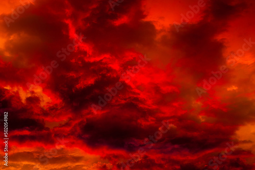 Red clouds in the sky. Summer sunset. Background