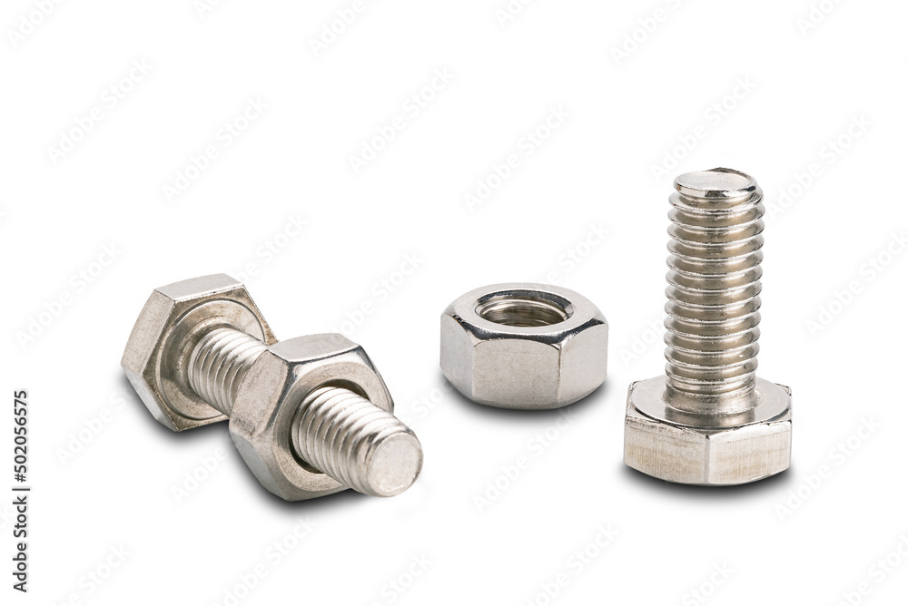 Side view of stainless steel screws and nuts isolated on white background with clipping path. Side view of stainless steel screws and nuts isolated on white background with clipping path.