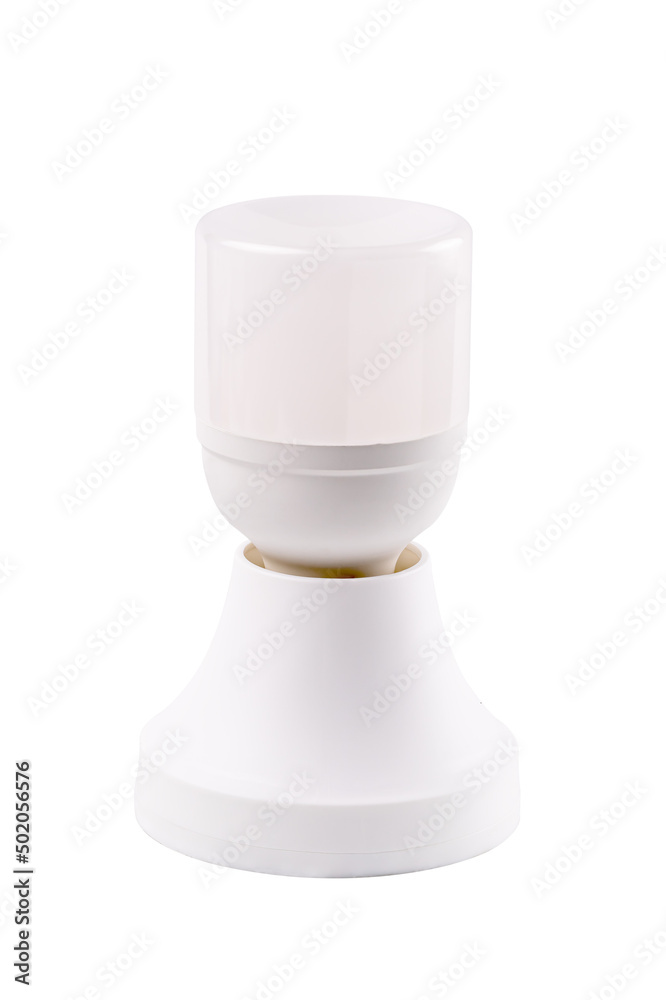Daylight led lamp and white plastic socket isolated on white background with clipping path. Led light bulb use much less energy than incandescent bulbs Daylight led lamp and white plastic socket isolated on white background with clipping path. Led light bulb use much less energy than incandescent bulbs