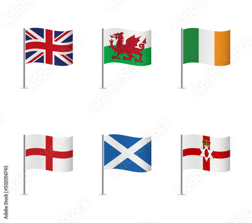 Flag Icons of the British Isles. Britain, Wales, Ireland, England, Scotland, Northern Ireland flags. Vector illustration.