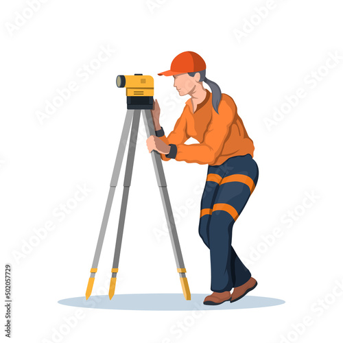 Civil engineer uses theodolite. Survey equipment. Builder with topographic tool. Isolated industrial scene. Girl with geodesic laser level