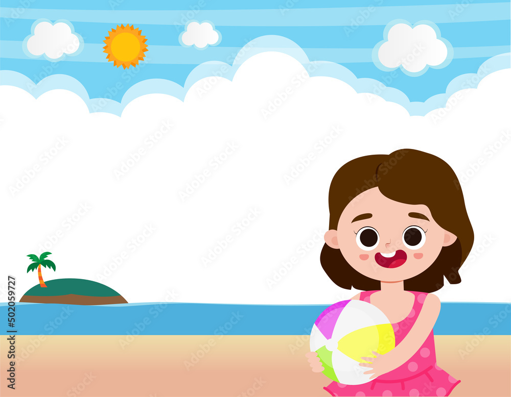 Hello summer banner template of Cute kids and rubber ring on the beach. children cartoon floating on inflatable in the ocean isolated background vector illustration