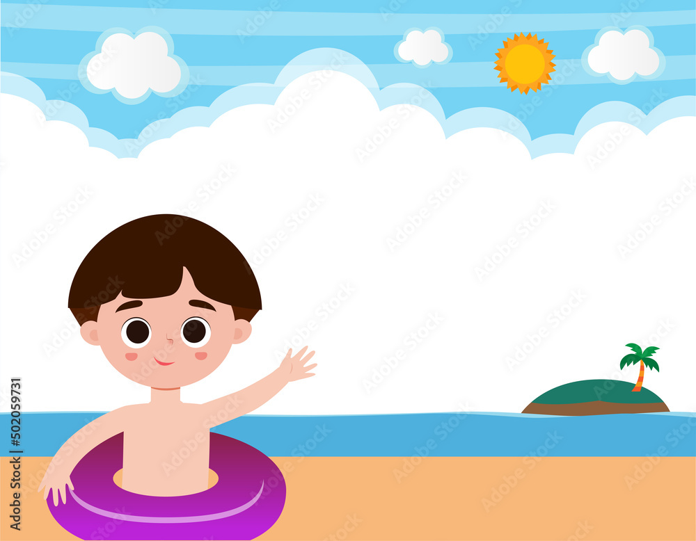 Hello summer banner template of Cute kids and rubber ring on the beach. children cartoon floating on inflatable in the ocean isolated background vector illustration Hello summer banner template of Cute kids and rubber ring on the beach. children cartoon floating on inflatable in the ocean isolated background vector illustration