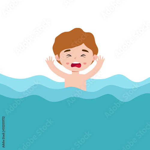 Cute kid drowning in water,  is shocked. children raising hand up for needing help isolated on background cartoon flat vector illustration