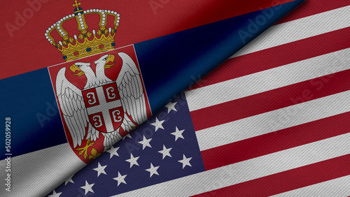 3D Rendering of two flags from republic of serbia and United States of America together with fabric texture, bilateral relations, peace and conflict between countries, great for background photo