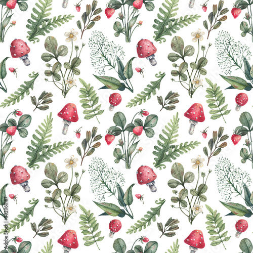 Forest pattern with wild strawberry plants, ferns, herbs, mushrooms, fly agaric hand-drawn in watercolor. Wild, forest plants background.