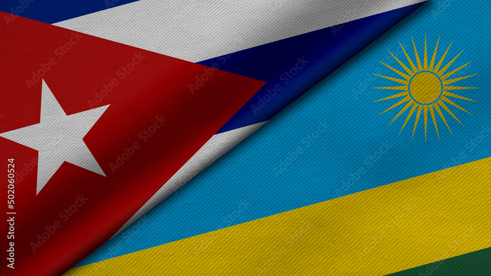 3D Rendering of two flags from Republic of Cuba and Republic of Rwanda together with fabric texture, bilateral relations, peace and conflict between countries, great for background