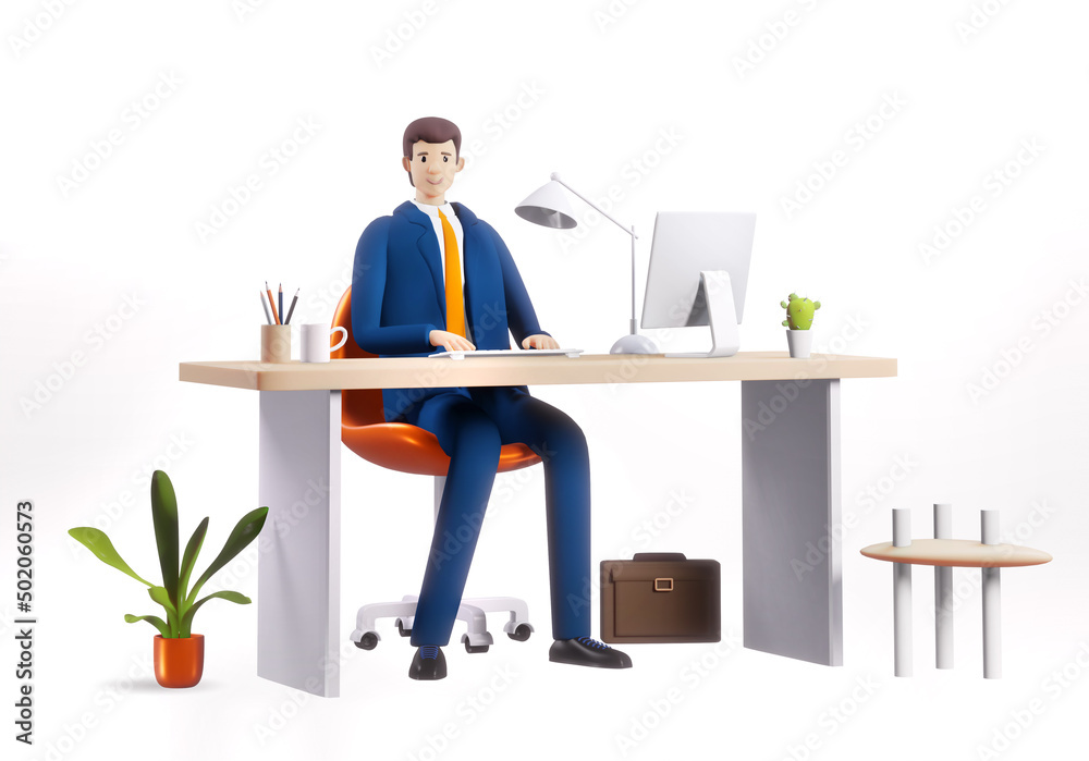 Successful happy businessmen works in his office. 3D rendering illustration Successful happy businessmen works in his office. 3D rendering illustration