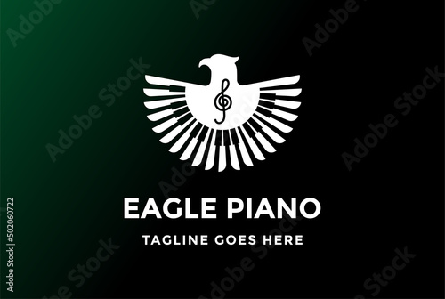 Spread Wings Eagle Hawk with Piano for Music Instrument Logo Design Vector