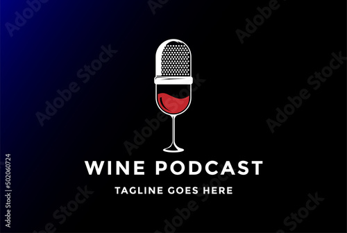 Mic Microphone with Wine Vodka Glass for Nightlife Podcast Record Studio Logo Design Vector