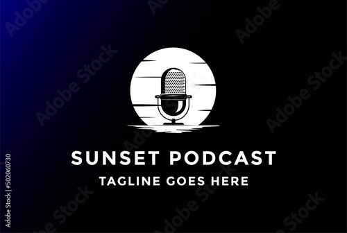 Sunset Sunrise Moon with Mic Microphone for Podcast Radio Recording Studio Logo Design Vector