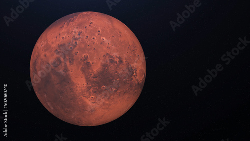 Abstract realistic beautiful planet Mars on deep space background. Animation. Flight over the Mars, black shadow moving and hiding the surface of the planet, astronomy concept.