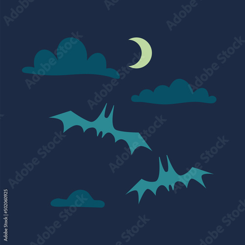 Spooky halloween background with bats and moon, cartoon style.