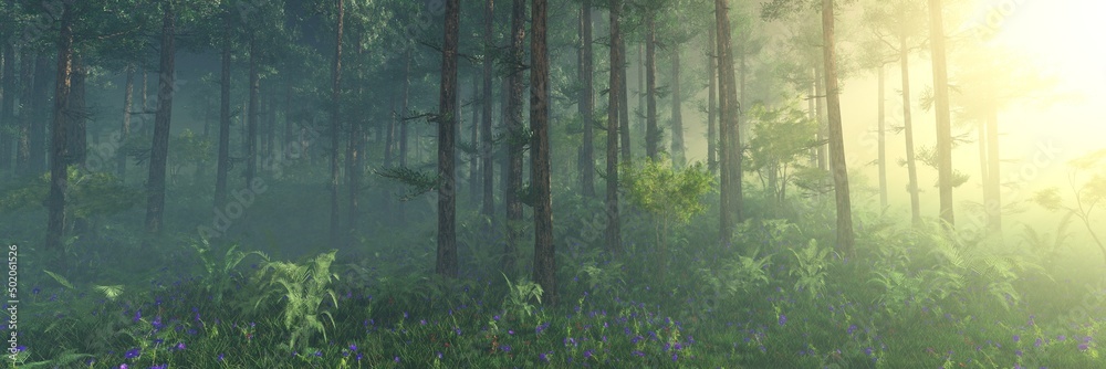 Forest in the morning in a fog in the sun, trees in a haze of light, glowing fog among the trees, 3D rendering Forest in the morning in a fog in the sun, trees in a haze of light, glowing fog among the trees, 3D rendering