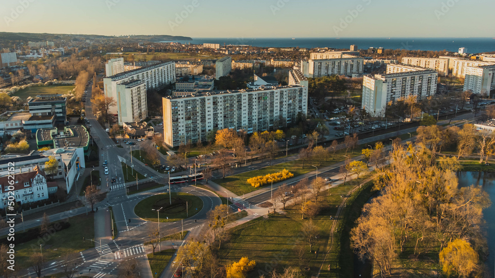 Fototapeta premium Żabianka district of Gdańsk and typical blocks of flats. The Baltic Sea in the background.