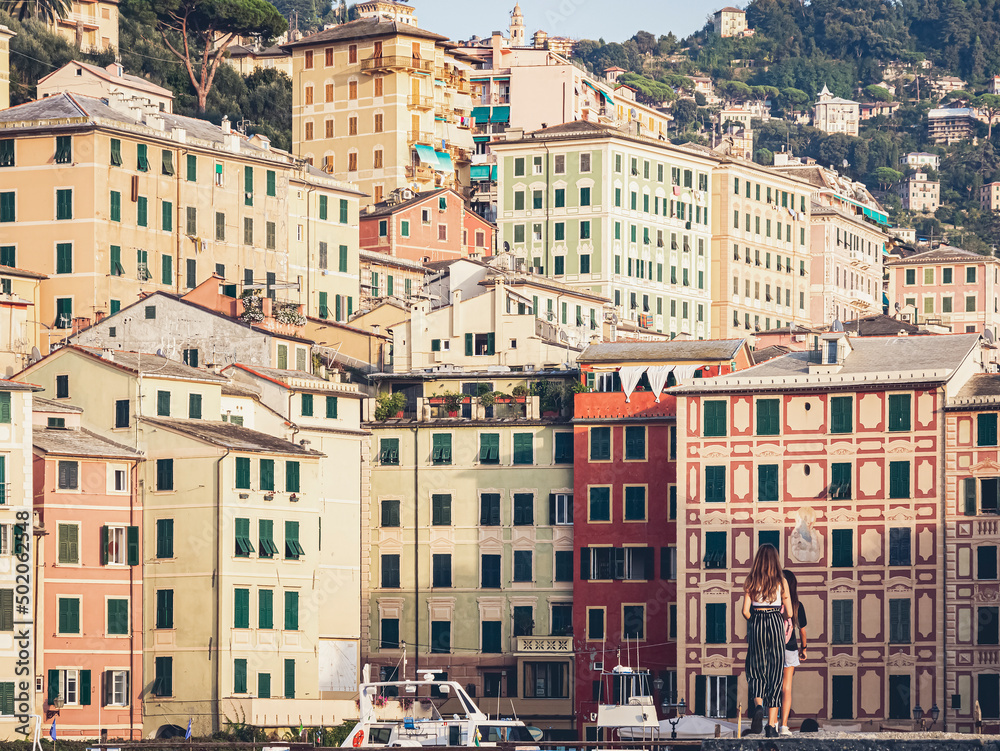 View on the typical buildings of the famous seaside village of Camogli - Liguria - Italy