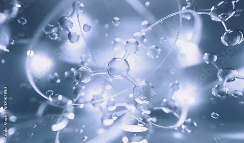 Fototapeta Realistic molecules background. Science illustration of a cream molecule. Hyaluronic acid skin solutions advertising, collagen serum drop with cosmetic advertising background. 3d rendering.
