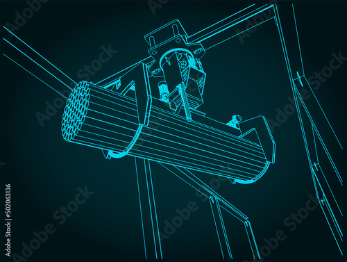 Overhead crane with bunching grab close up