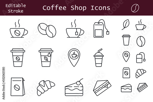 Coffee shop line icons set. Simple pictograms for mobile app UI. Tea and coffee cups icons pack for web and print