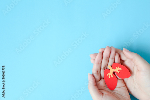 hand holding lung shape made from paper on blue background with copy space, world tuberculosis day, transplant concept,