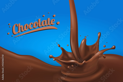 Chocolate splash 3D.Abstract realistic milk drop with splashes isolated on blue background.element for advertising, package design. vector
