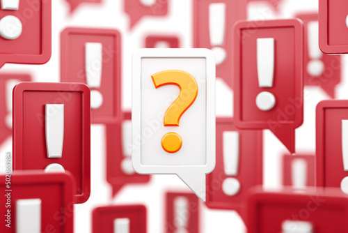 Still Have a Question. A question mark that is enclosed within a speech frame, surrounded by numerous exclamation marks, all of which are also inside speech frames. 3D-rendered graphic Illustration.