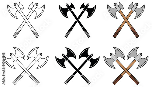 Crossed Battle War Axe Icon Clipart Set - Outline, Silhouette and Color photo