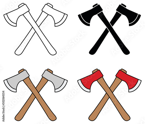 Crossed Simple Axe Icon Clipart Set - Outline, Silhouette and Color
