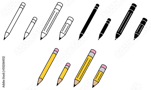 School Pencil Tall and Short Clipart Set - Outline, Silhouette, Color
