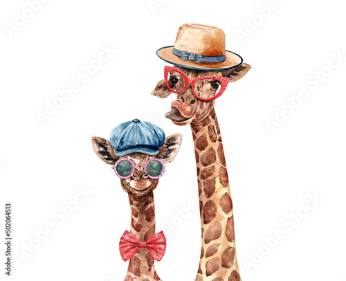 Photography Watercolor Giraffe with sunglasses bow tie and hat