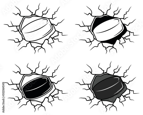 Hockey Puck breaking through a wall Clipart Set - Outline, Silhouette and Color	