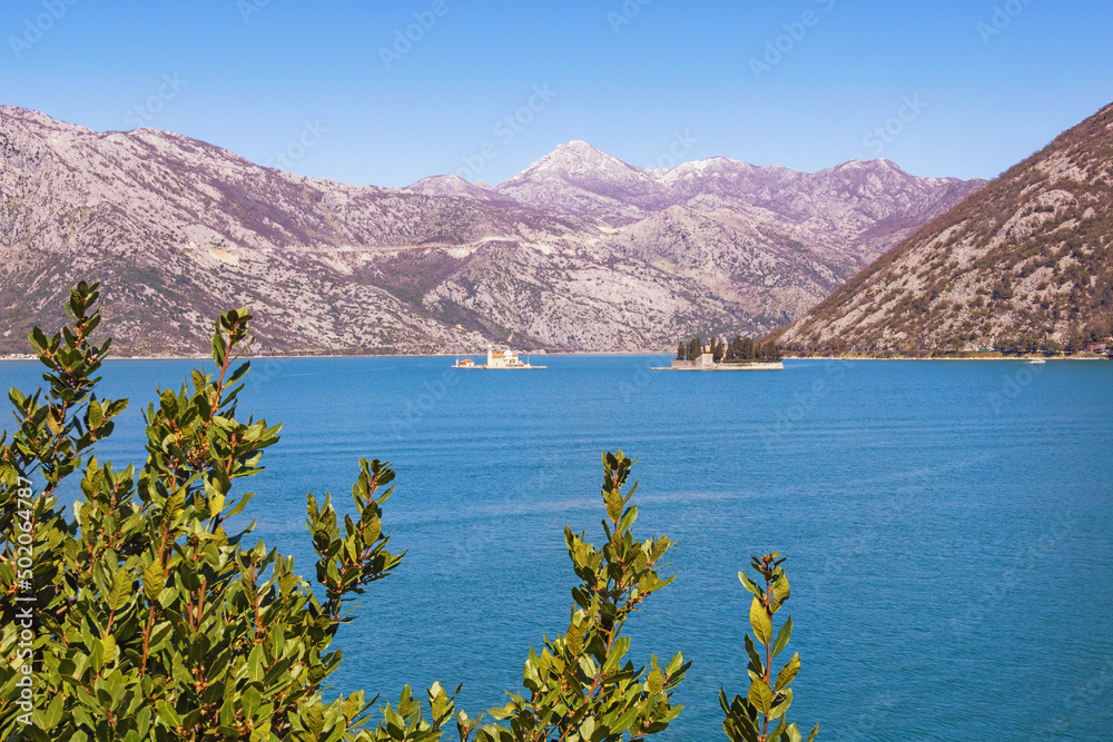 Beautiful Mediterranean landscape. Montenegro, Adriatic Sea, view of Kotor Bay on sunny spring day