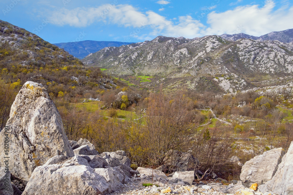 Beautiful mountain landscape on sunny spring day. Montenegro, Dinaric Alps, Sitnica region
