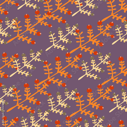 Hand drawn a sprig with berries seamless pattern. Branch with leaves and berry wallpaper.