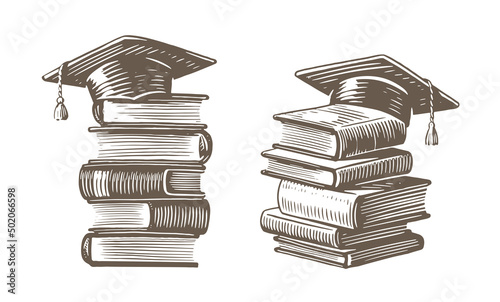 Stack of books with graduation cap sketch. Studying in college, school concept. Vintage vector illustration