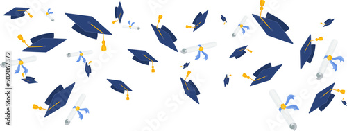 Graduation color background. University graduate cap with diploma.