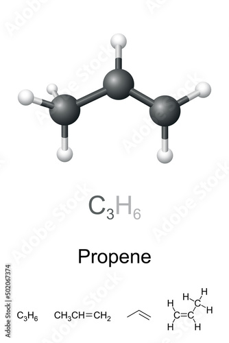 Propene, also propylene, ball-and-stick model, molecular and chemical formula. Hydrocarbon. Second simplest alkene, and second most important starting product in petrochemical industry after ethylene.