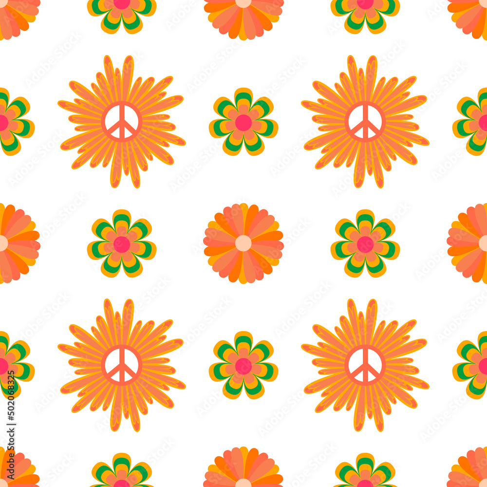 1970 daisy vector seamless pattern with peace sign