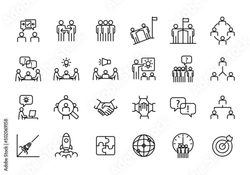 Minimal teamwork in business management icons set.