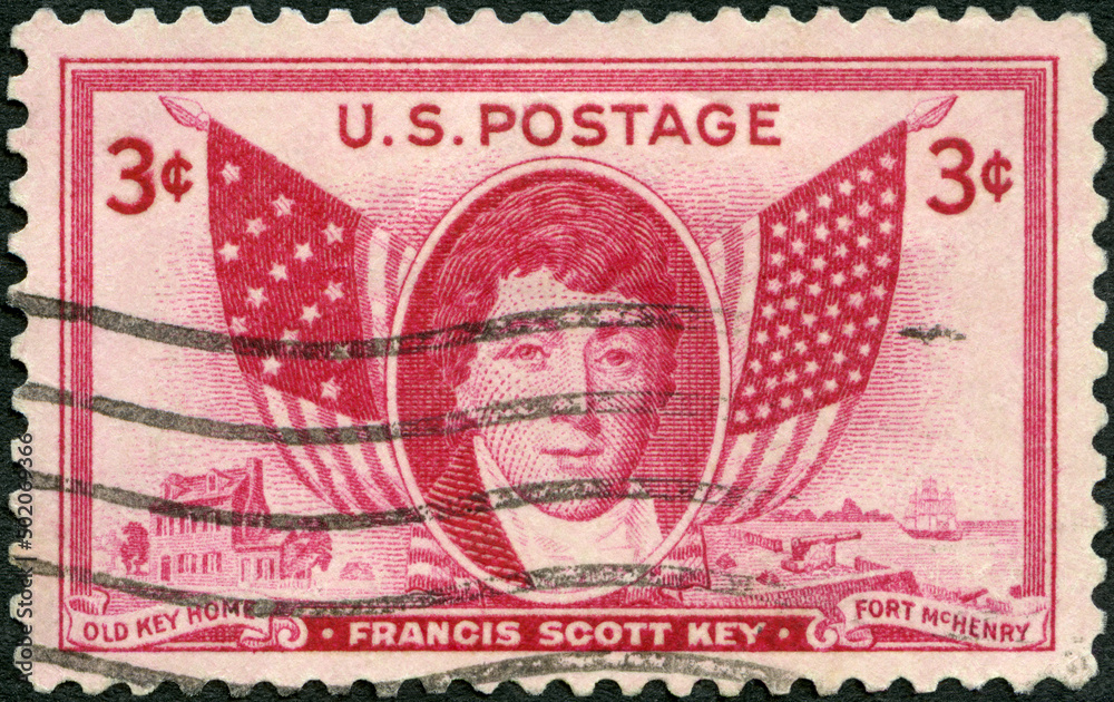 USA - 1948: shows Francis Scott Key (1779-1843), Old Key Home Fort McHenry, American Flags of 1814 and 1948, Maryland lawyer and author of The Star Spangled Banner 1813, 1948 - obrazy, fototapety, plakaty 