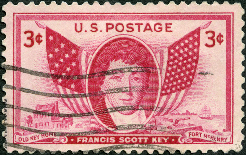USA - 1948: shows Francis Scott Key (1779-1843), Old Key Home Fort McHenry, American Flags of 1814 and 1948, Maryland lawyer and author of The Star Spangled Banner 1813, 1948