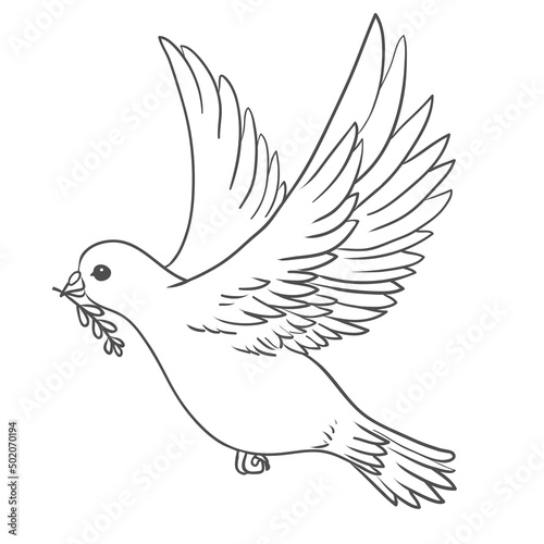 Peace dove with olive branch in the beak flying and hands down.