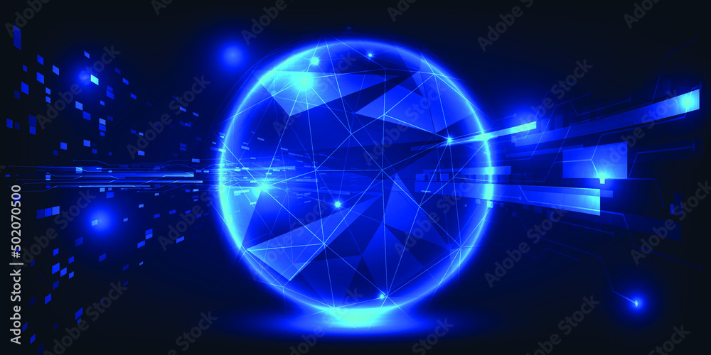 Vector illustrations of hi-tech digital technology with blue neon earth on curve digital element.Futuristic and innovation technology concepts.