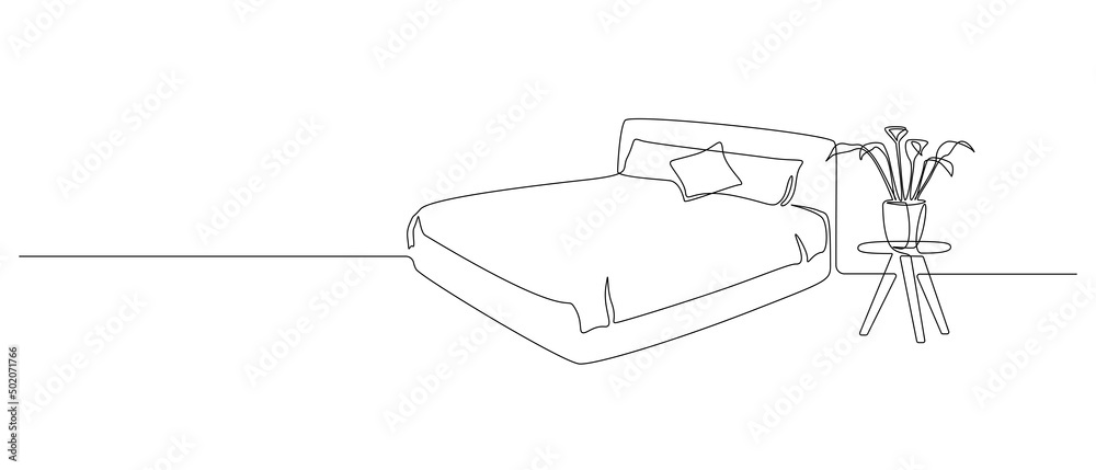 Continuous one line drawing of double bed with pillows and house plant. Modern furniture for stylish bedroom in simple linear style. Editable stroke. Doodle vector illustration Continuous one line drawing of double bed with pillows and house plant. Modern furniture for stylish bedroom in simple linear style. Editable stroke. Doodle vector illustration
