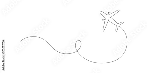 Airplane path in One Continuous line drawing. Business Concept of world travel and international flight airline with trace in simple linear style. Editable stroke. Doodle Vector illustration