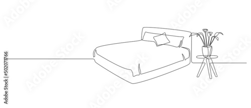 Continuous one line drawing of double bed with pillows and house plant. Modern furniture for stylish bedroom in simple linear style. Editable stroke. Doodle vector illustration