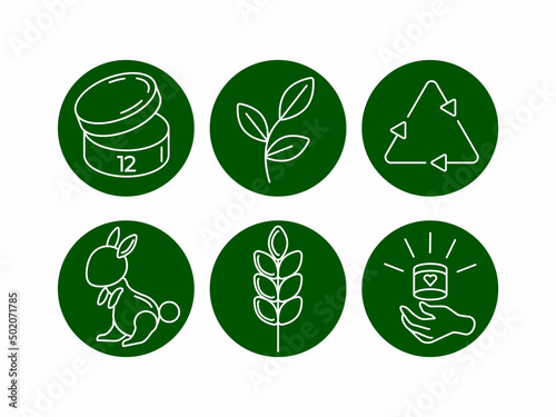 Set of green round icons for packaging and labeling cosmetics